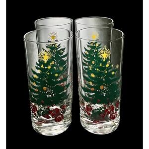 Set Of 4 Vintage MCM Christmas Tree Drinking Glasses Tumblers 5-5/8"‎ Tall